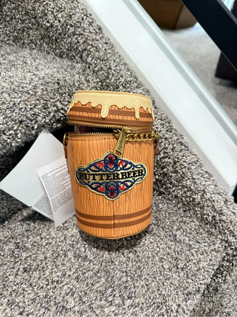 Loungefly Harry Potter Butterbeer Barrel Crossbody Bag in Tan and Gold